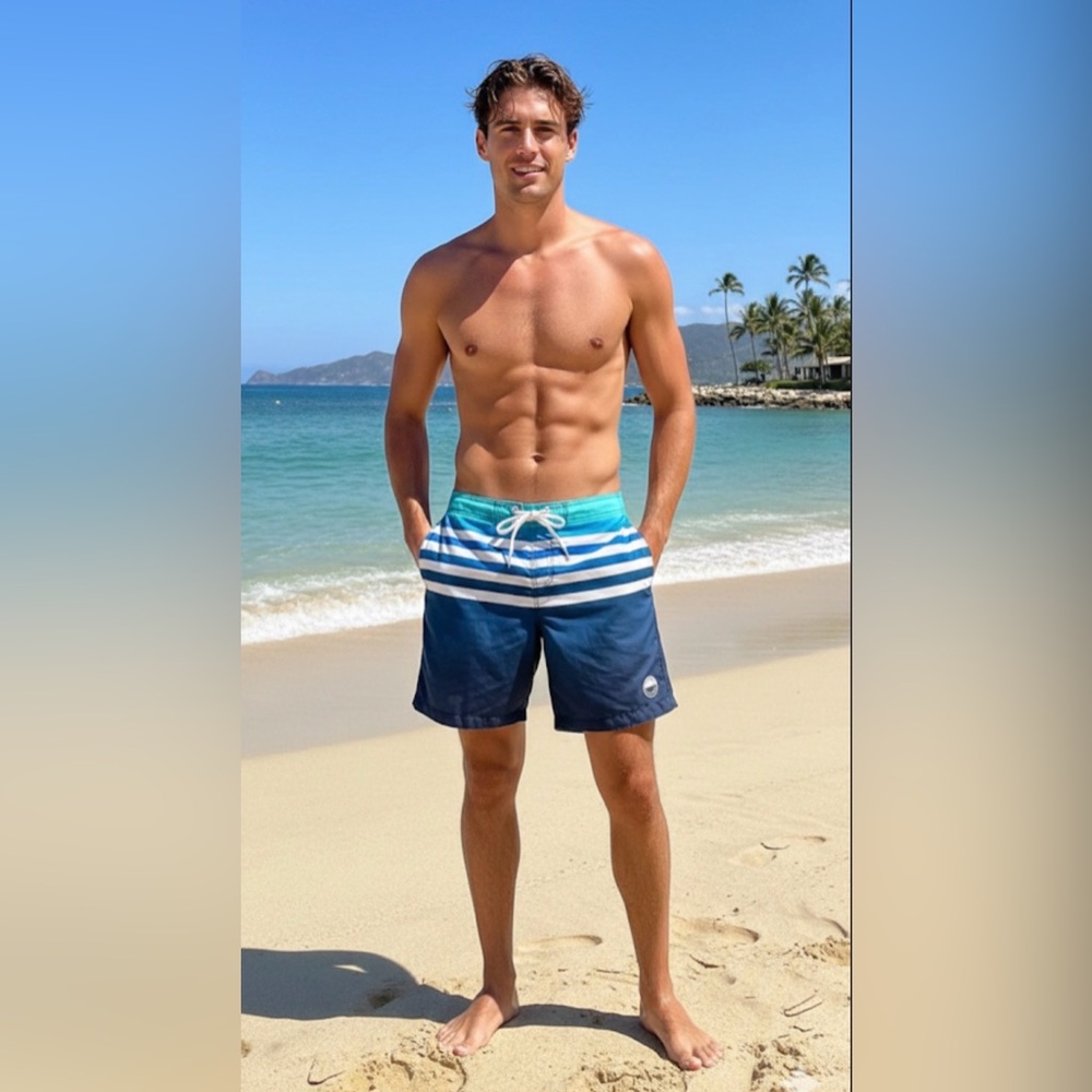 Hollister Teal and Navy Striped Board Shorts
